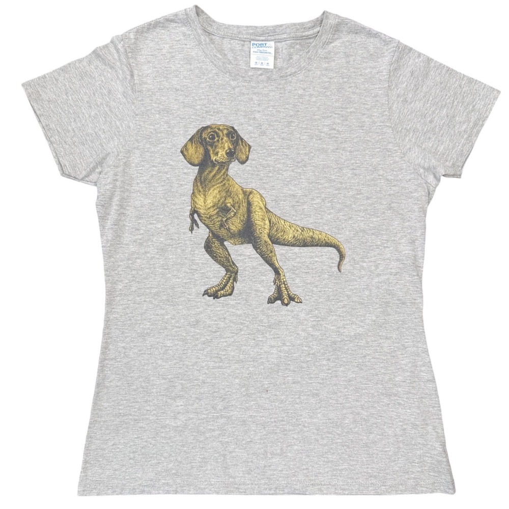 Port & Company‎ Dinosaur Dog Graphic T Shirt Heather Gray Ladies Medium